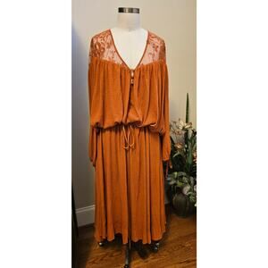 New Free People Clementine Maxi Dress XS/S Brown/Rust Long Sleeve Lace Chiffon